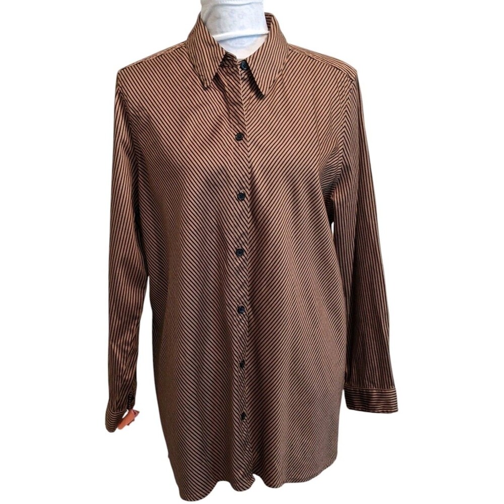 CHICO'S Button Up Shirt Brown Stripe Long Sleeve Cotton Tunic Size 2 (L)
